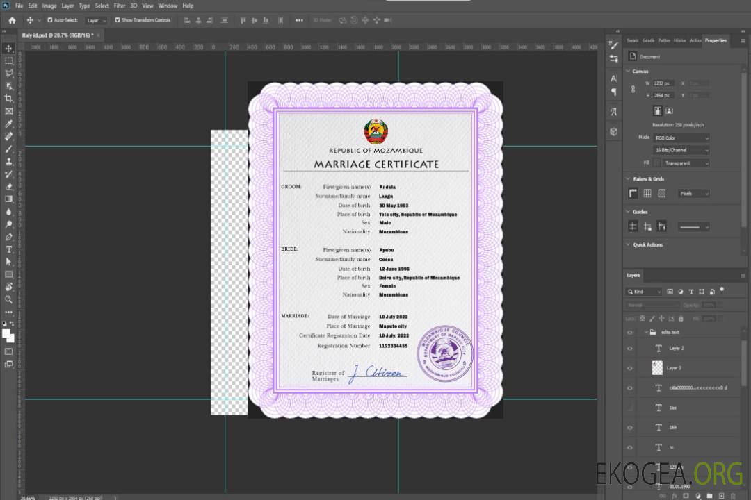 Modèle PSD de certificat de mariage du Mozambique template Modèle PSD de certificat de mariage du Mozambique template